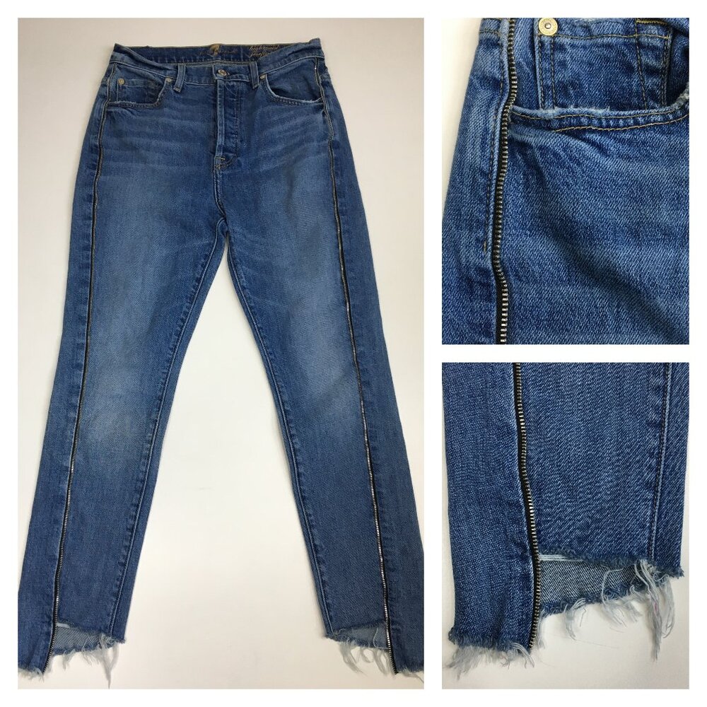 7 FOR ALL MANKIND Button Fly Josefina Raw Step Hem Zip Detail High Waist Jeans